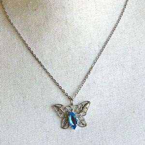 Silver Butterfly With Sapphire Crystal Necklace  - NWT